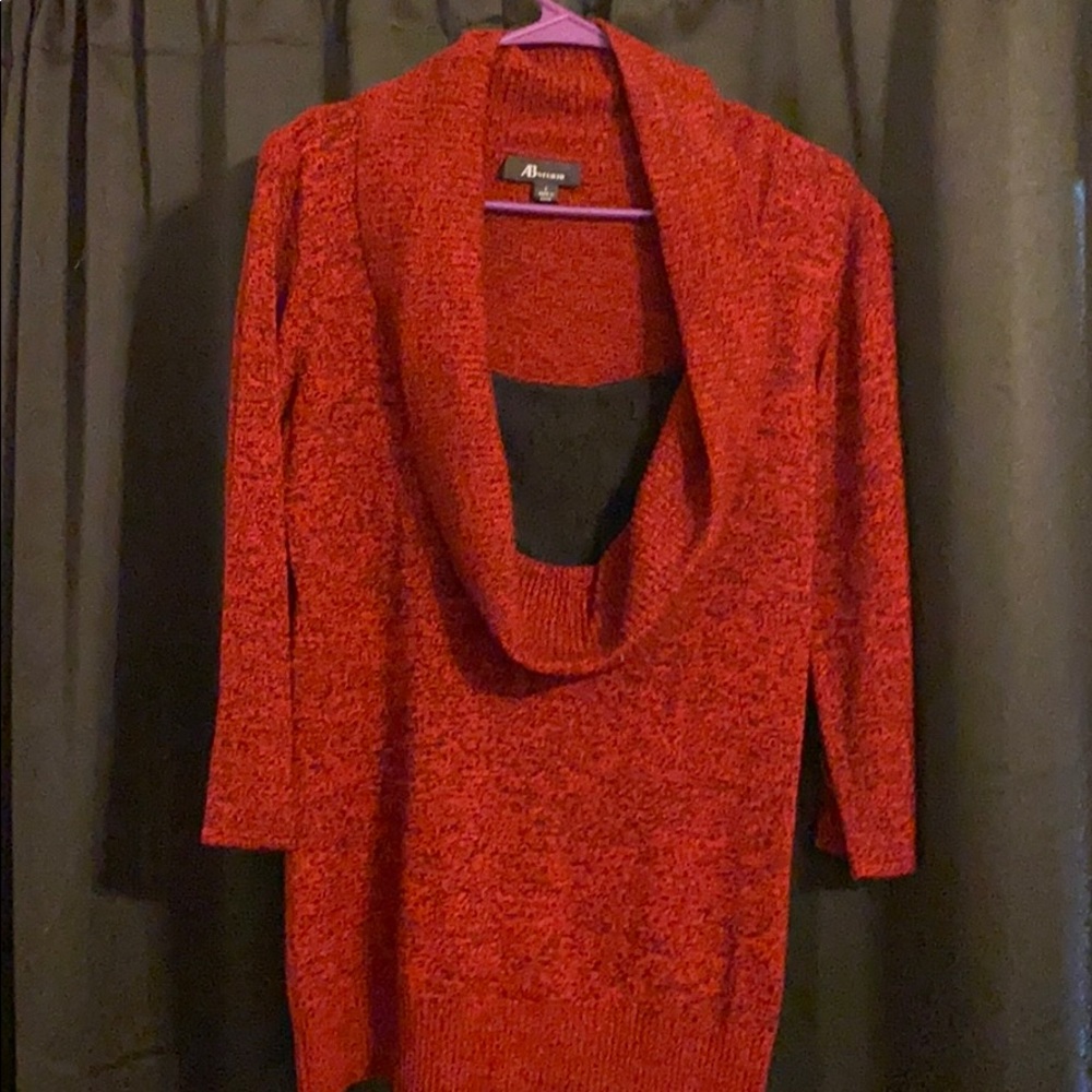 Red and black sweater with built in lace cami.